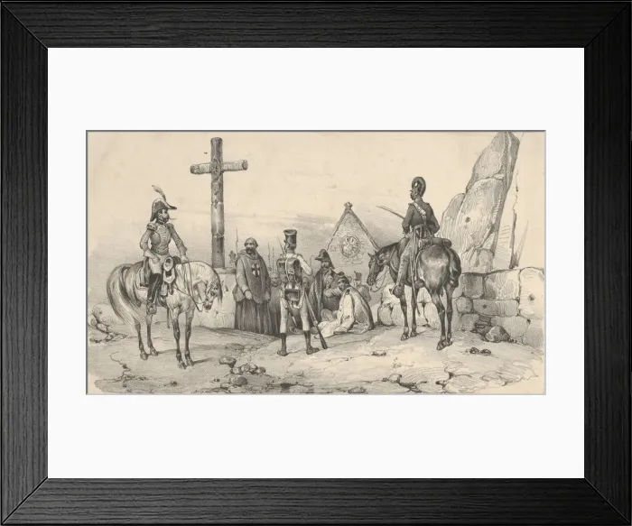 Framed Print : Soldiers gathered in front of a church with priests and a crucifix, mid-19th century Framed Print : Soldiers gathered in front of a church with priests and a crucifix, mid-19th century