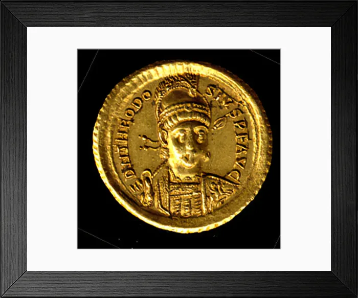 Framed Print : Gold Solidus of Theodosius II (408-50), Byzantine, 408-450. Creator: Unknown Framed Print : Gold Solidus of Theodosius II (408-50), Byzantine, 408-450. Creator: Unknown