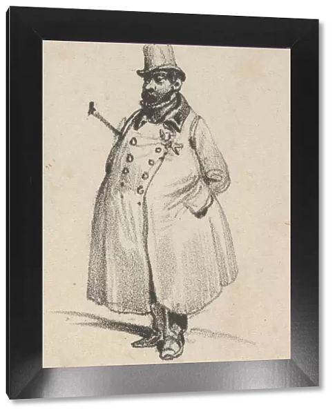 Man wearing a coat and a hat with a cane under his arm, mid-19th century