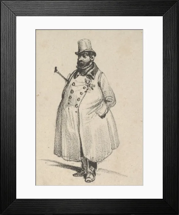 Framed Print : Man wearing a coat and a hat with a cane under his arm, mid-19th century Framed Print : Man wearing a coat and a hat with a cane under his arm, mid-19th century