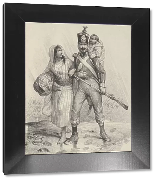 Soldier with a woman on his arm and a child on his back, mid-19th century