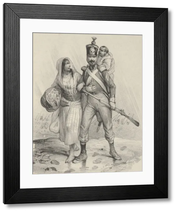Framed Print : Soldier with a woman on his arm and a child on his back, mid-19th century Framed Print : Soldier with a woman on his arm and a child on his back, mid-19th century