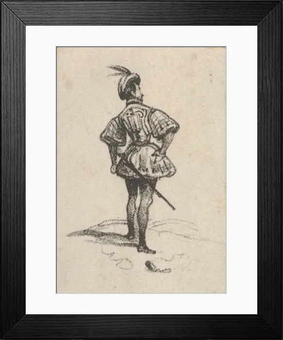 Framed Print : Man with sword and feathered hat, viewed from the back, mid-19th century Framed Print : Man with sword and feathered hat, viewed from the back, mid-19th century