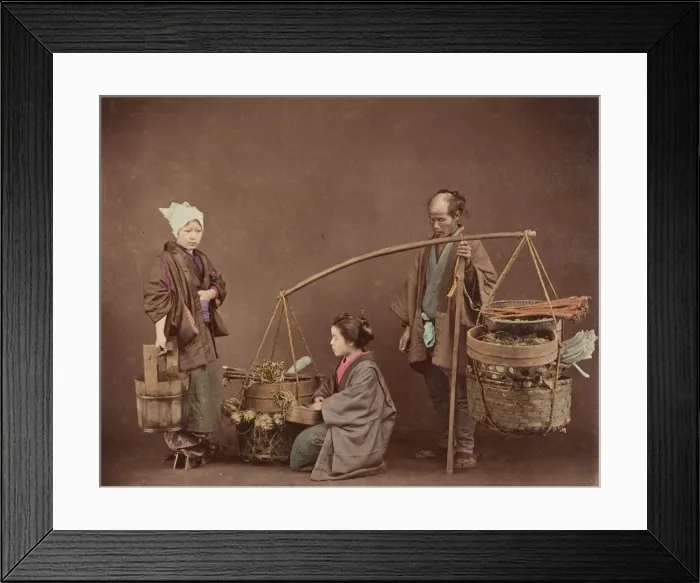 Framed Print : Two Japanese Women and One Japanese Man Posing with Water Bucket and Baskets], 1870s