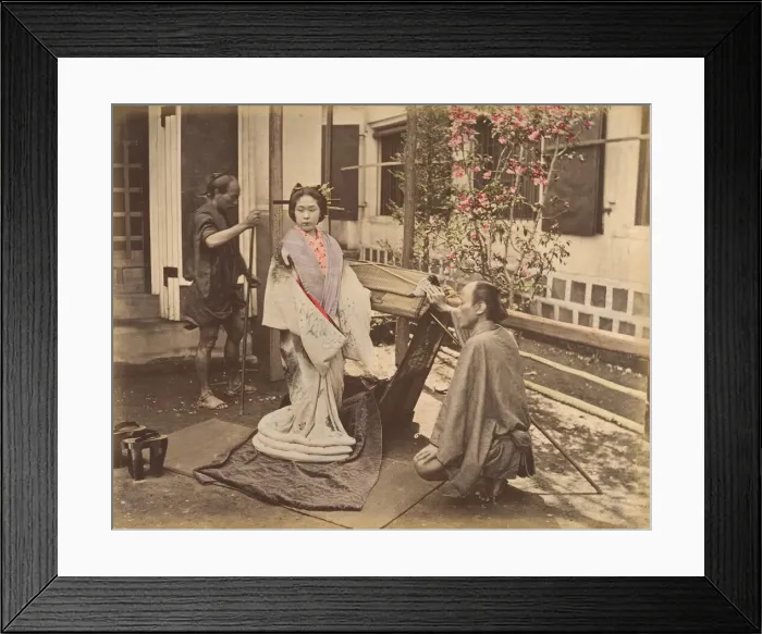 Framed Print : [Japanese Woman in Traditional Dress Posing with Two Men], 1870s. Creator: Unknown