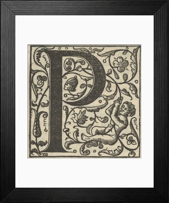Framed Print : Initial letter P with putto, mid-16th century. Creator: Unknown Framed Print : Initial letter P with putto, mid-16th century. Creator: Unknown