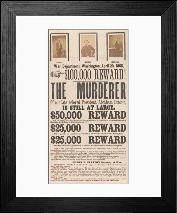 Framed Print : [Broadside for the Capture of John Wilkes Booth, John Surratt, and David Herold]