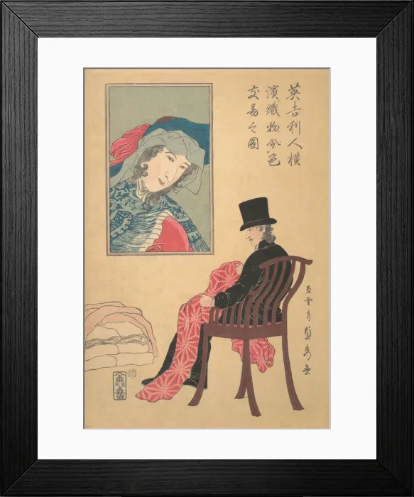 Framed Print : Englishman Sorting Fabrics, 2nd month, 1861. Creator: Sadahide Utagawa Framed Print : Englishman Sorting Fabrics, 2nd month, 1861. Creator: Sadahide Utagawa