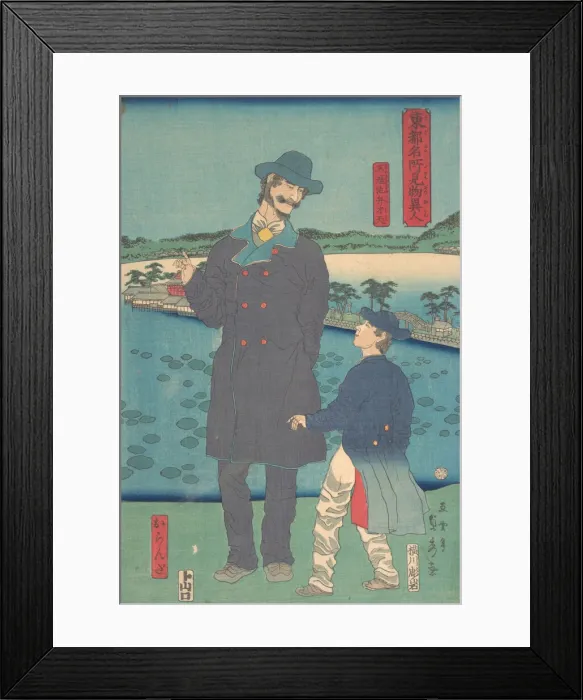 Framed Print : Dutchman and Child Viewing the Benten Shrine at Shinobazu Pond, 7th month Framed Print : Dutchman and Child Viewing the Benten Shrine at Shinobazu Pond, 7th month