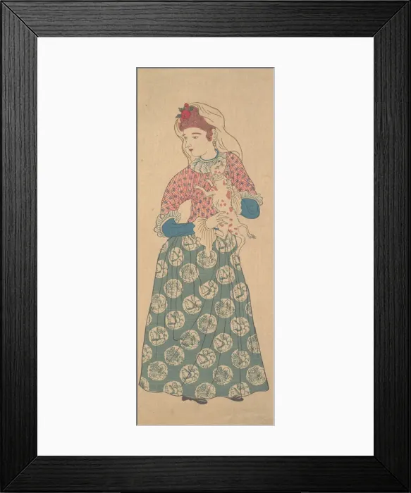 Framed Print : Dutch Woman Holding a Dog, first half of the 19th century. Creator: Unknown Framed Print : Dutch Woman Holding a Dog, first half of the 19th century. Creator: Unknown