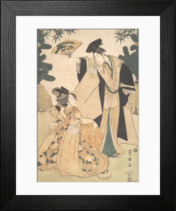Framed Print : Young Lady with Drum and Man with Fan Saluting Her. Creator: Utagawa Toyokuni I Framed Print : Young Lady with Drum and Man with Fan Saluting Her. Creator: Utagawa Toyokuni I