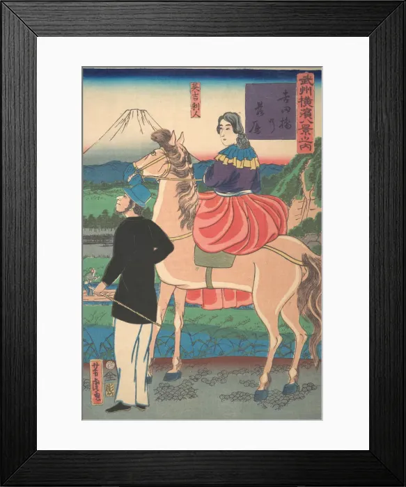 Framed Print : Descending Geese at Yoshida Bridge [English Couple] (Yoshidabashi no rakugan [I1st month