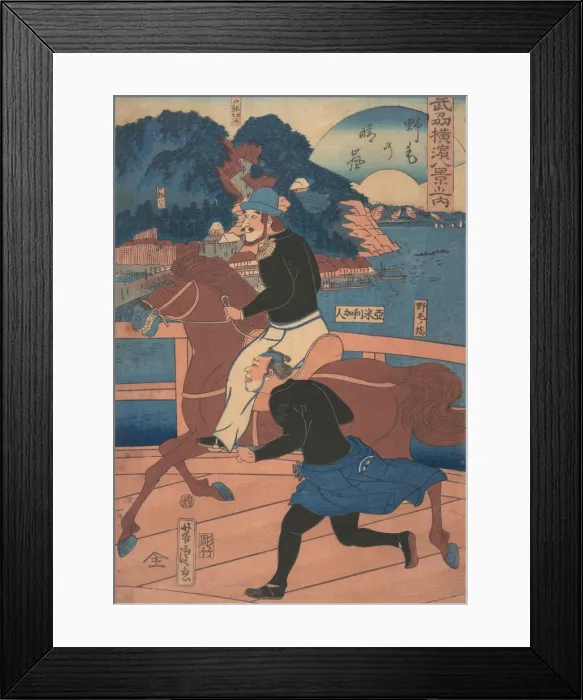 Framed Print : Returning Sails at Nogei [American couple riding over the Nogei Bridge], 1st month, 1861