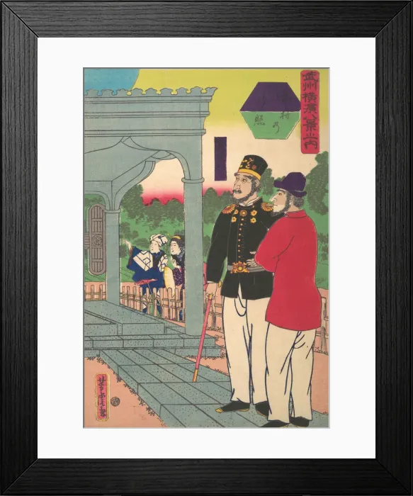 Framed Print : Evening Glow at Motomura [Two Englishmen looking at the sunset], 1st month, 1861