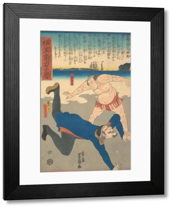 Framed Print : Sumo Wrestler Tossing a Foreigner, 1st month, 1861. Creator: Utagawa Yoshiiku Framed Print : Sumo Wrestler Tossing a Foreigner, 1st month, 1861. Creator: Utagawa Yoshiiku