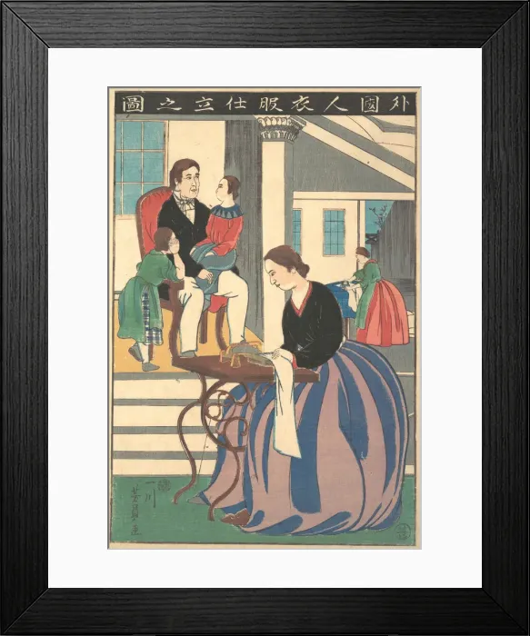 Framed Print : Picture of a Foreigner Making Clothes, 1860. Creator: Yoshikazu Framed Print : Picture of a Foreigner Making Clothes, 1860. Creator: Yoshikazu