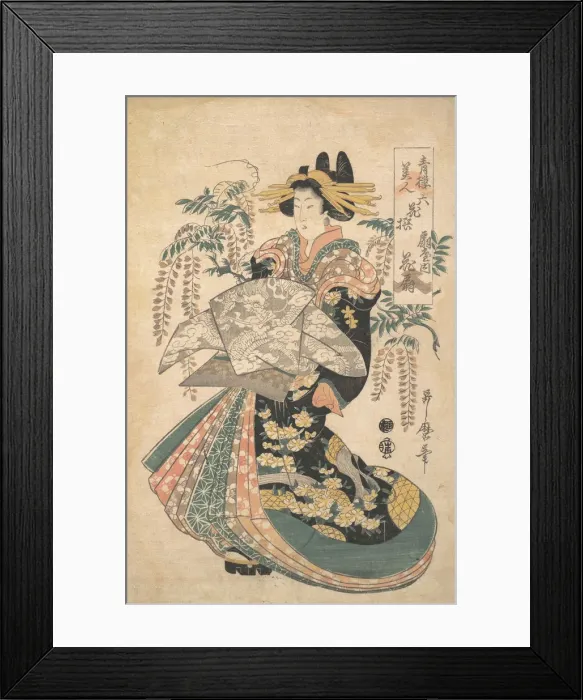 Framed Print : A Courtesan with Wisteria on the Background. Creator: Utamaro II Framed Print : A Courtesan with Wisteria on the Background. Creator: Utamaro II