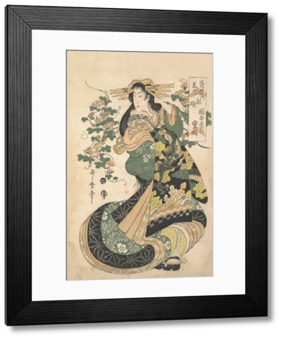 Framed Print : A Courtesan with Morning-glories on the Background. Creator: Utamaro II Framed Print : A Courtesan with Morning-glories on the Background. Creator: Utamaro II