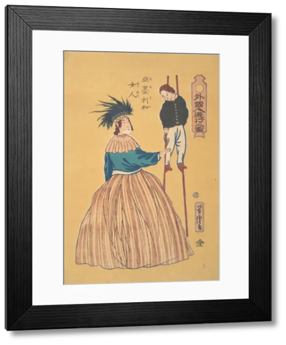 Framed Print : American Woman with Her Child on Stilts, 1st month, 1861. Creator: Utagawa Yoshitora Framed Print : American Woman with Her Child on Stilts, 1st month, 1861. Creator: Utagawa Yoshitora