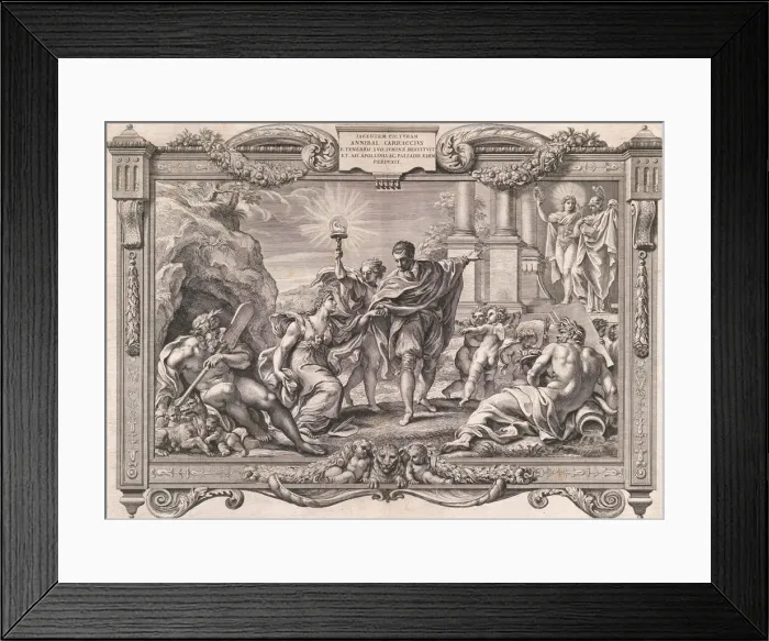 Framed Print : Annibale Carracci Introduces Painting to Apollo and Minerva, 1674. Creator: Pietro Aquila Framed Print : Annibale Carracci Introduces Painting to Apollo and Minerva, 1674. Creator: Pietro Aquila