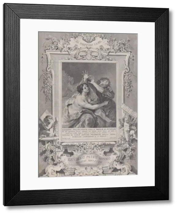 Framed Print : Joseph and Potiphars wife, within an ornate frame, 1739. Creator: Pietro Monaco Framed Print : Joseph and Potiphars wife, within an ornate frame, 1739. Creator: Pietro Monaco