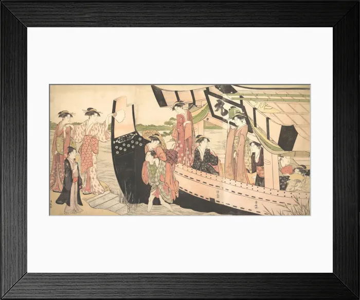 Framed Print : Women Landing from a Pleasure Boat Drawn Up to the Shore at Mukojima on Sumida River Framed Print : Women Landing from a Pleasure Boat Drawn Up to the Shore at Mukojima on Sumida River