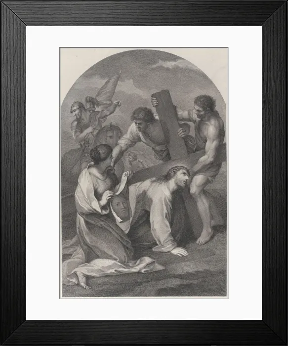 Framed Print : Christ fallen to the ground under the weight of the cross, with two men assisting Framed Print : Christ fallen to the ground under the weight of the cross, with two men assisting
