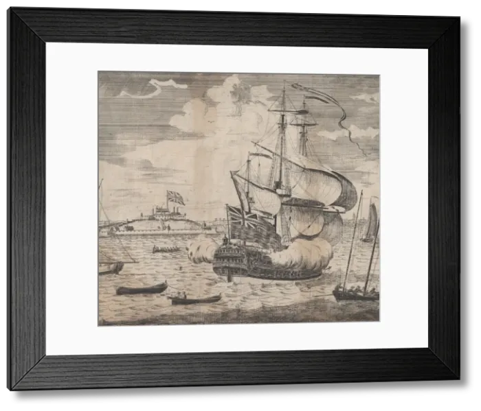 Framed Print : A View of Castle William by Boston in New England, early 18th century Framed Print : A View of Castle William by Boston in New England, early 18th century
