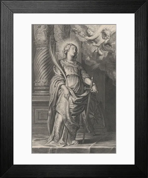 Framed Print : Saint Catherine holding palm leaves and a sword, two putti overhead holding a laure Framed Print : Saint Catherine holding palm leaves and a sword, two putti overhead holding a laure