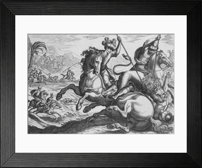 Framed Print : Lion Hunt, from Hunting Scenes IV, late 16th century. late 16th century Framed Print : Lion Hunt, from Hunting Scenes IV, late 16th century. late 16th century