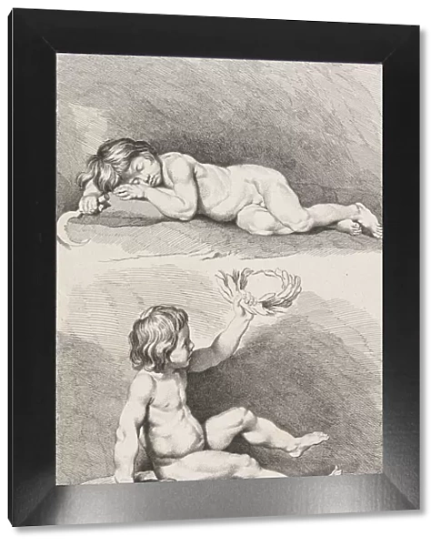 Two nude children, one sleeping and the other holding a wreath, from New Book of Childr