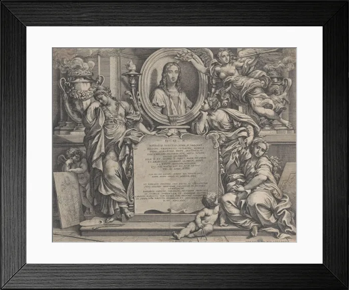 Framed Print : Frontispiece with oval portrait of Raphael, with three allegorical figures of the Arts Framed Print : Frontispiece with oval portrait of Raphael, with three allegorical figures of the Arts