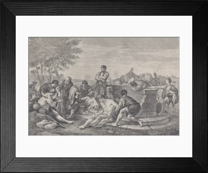 Framed Print : Joseph being sold into slavery by his brothers, who sit around a well dividing up the c Framed Print : Joseph being sold into slavery by his brothers, who sit around a well dividing up the c