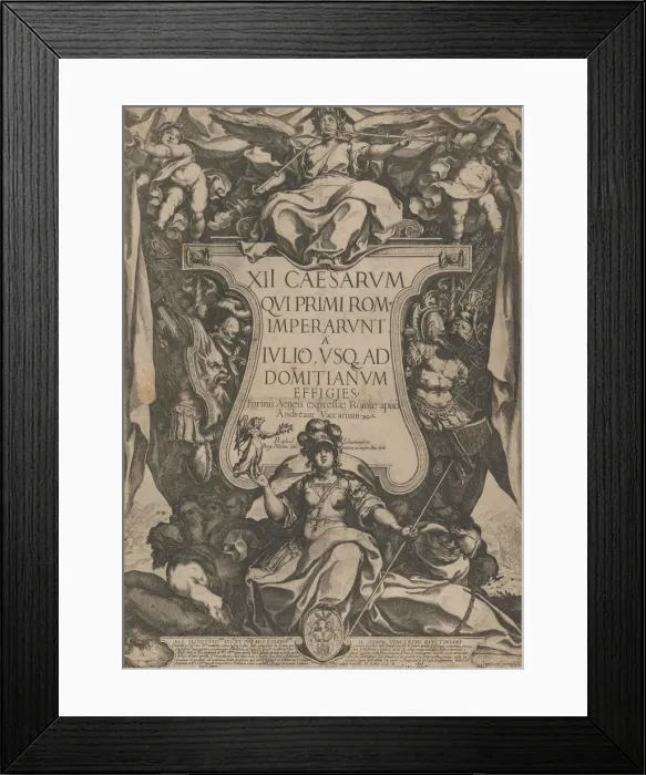 Framed Print : Frontispiece with a trumpeter sounding trumpets seated on top of a cartouche flanked by Framed Print : Frontispiece with a trumpeter sounding trumpets seated on top of a cartouche flanked by