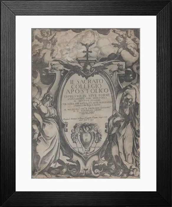 Framed Print : Frontispiece with two figures holding scrolls and cherubs flanking the cartouche at cen