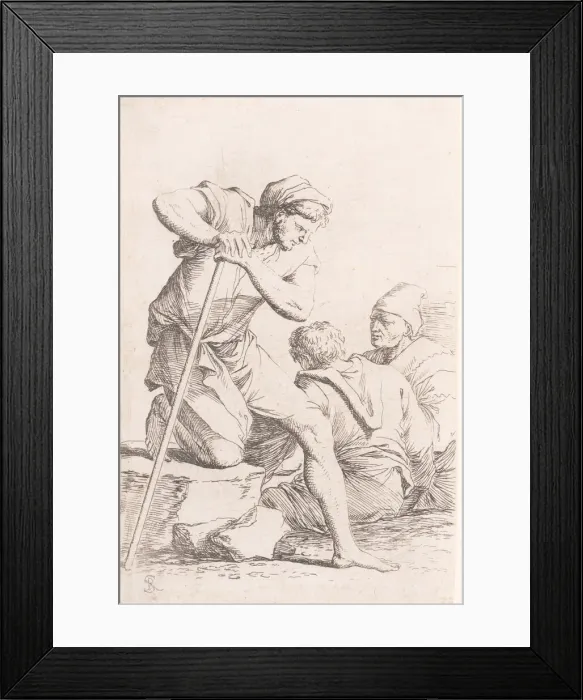 Framed Print : Two men sitting and another man holding a staff kneeling on a rock, from the seri... ca Framed Print : Two men sitting and another man holding a staff kneeling on a rock, from the seri... ca
