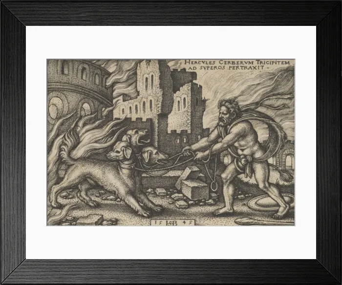 Framed Print : Hercules Capturing Cerberus, from The Labors of Hercules, 1545. Creator: Sebald Beham Framed Print : Hercules Capturing Cerberus, from The Labors of Hercules, 1545. Creator: Sebald Beham