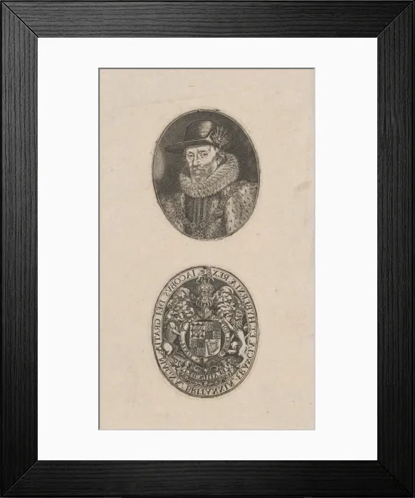 Framed Print : James I, King of England, ca. 1616. Creator: Simon de Passe Framed Print : James I, King of England, ca. 1616. Creator: Simon de Passe