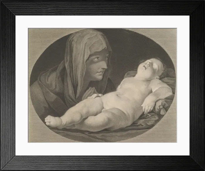 Framed Print : The Virgin in prayer, looking at the sleeping infant Christ, in an oval frame, after Reni Framed Print : The Virgin in prayer, looking at the sleeping infant Christ, in an oval frame, after Reni