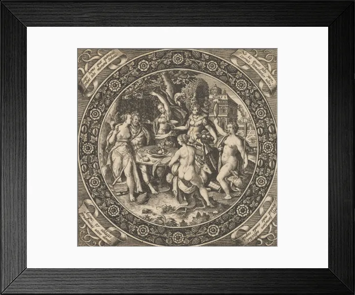 Framed Print : Scene with a Feast of Love in a Circle at Center, 1580-1600. Creator: Theodore de Bry Framed Print : Scene with a Feast of Love in a Circle at Center, 1580-1600. Creator: Theodore de Bry