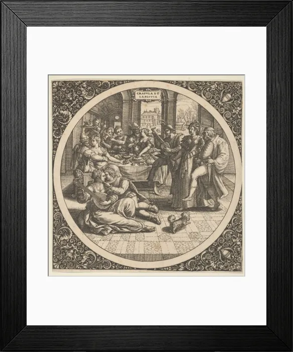 Framed Print : Scene with Galants at a Banquet in a Circle at Center, 1580-1600 Framed Print : Scene with Galants at a Banquet in a Circle at Center, 1580-1600