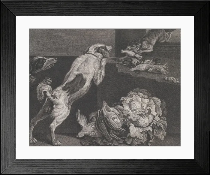 Framed Print : Dogs and Still Life, 1778. Creators: Pierre-Charles Canot, Joseph Farington Framed Print : Dogs and Still Life, 1778. Creators: Pierre-Charles Canot, Joseph Farington