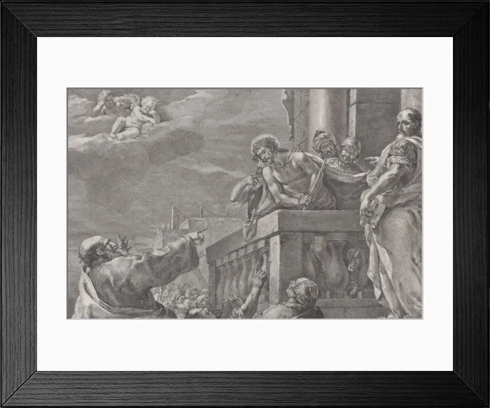 Framed Print : Christ on a balcony surrounded by guards, Pilate stands to the right gesturing towa Framed Print : Christ on a balcony surrounded by guards, Pilate stands to the right gesturing towa