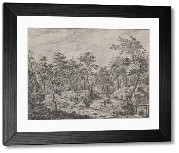 Framed Print : Forest landscape with a rider conversing with a man at center, a footbridge at right Framed Print : Forest landscape with a rider conversing with a man at center, a footbridge at right