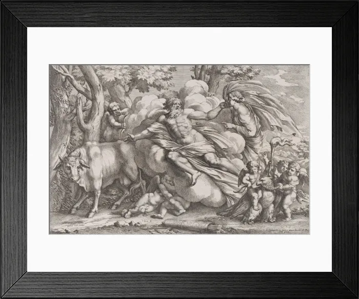 Framed Print : Io at the left as a cow, Jupiter on a cloud in the centre and Juno at the right with pu Framed Print : Io at the left as a cow, Jupiter on a cloud in the centre and Juno at the right with pu
