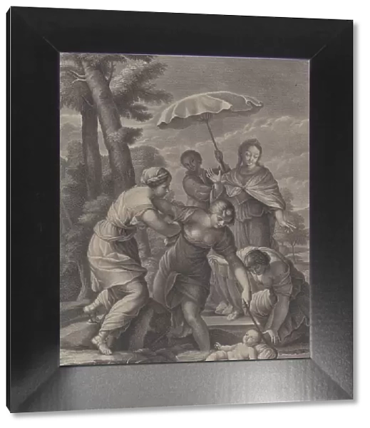 Three women pulling in the basket with the infant Moses from the water, ca. 1729