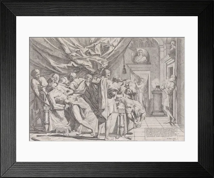 Framed Print : The suicide of the philosopher Cato, who lies on his bed pulling out his innards watched Framed Print : The suicide of the philosopher Cato, who lies on his bed pulling out his innards watched