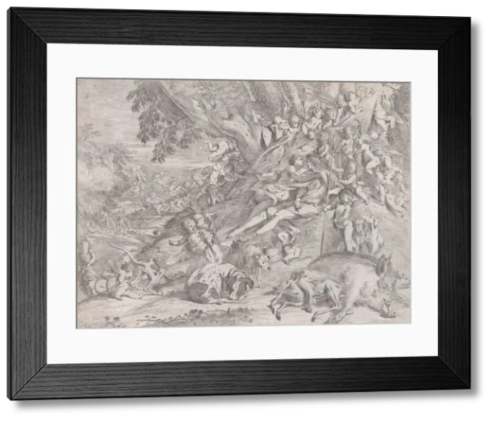 Framed Print : Venus and Adonis, surrounded by many putti, reclining after the hunt, with a dead boar Framed Print : Venus and Adonis, surrounded by many putti, reclining after the hunt, with a dead boar