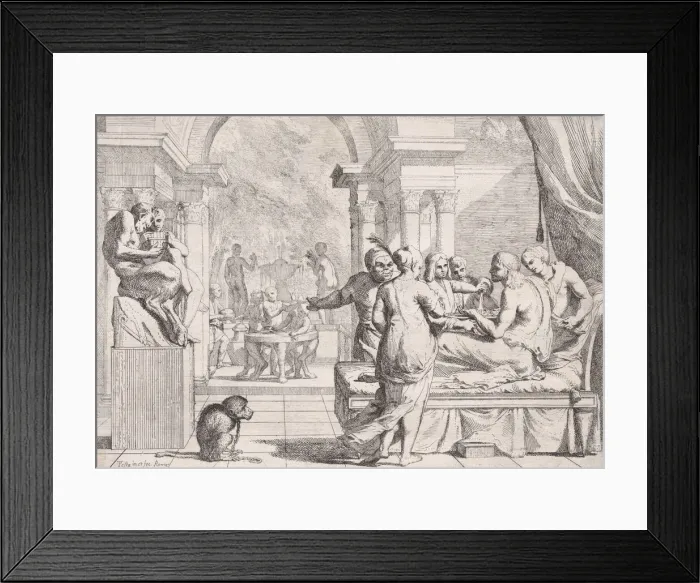 Framed Print : The prodigal son seated on a couch being served wine, revelers in the background, a mo Framed Print : The prodigal son seated on a couch being served wine, revelers in the background, a mo
