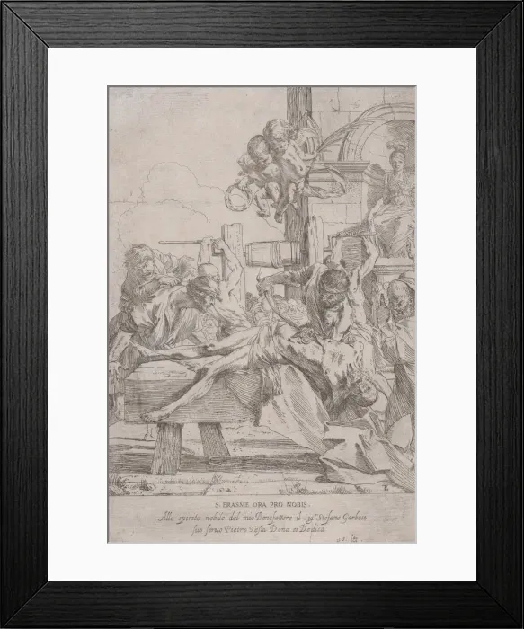 Framed Print : The martyrdom of Saint Erasmus who is prostrate having in innards removed, two putti a Framed Print : The martyrdom of Saint Erasmus who is prostrate having in innards removed, two putti a